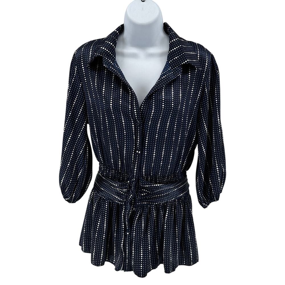 Charlotte Russe Blouse Womens L Navy Blue Polka Dot 3/4 Sleeve Peplum Waist Tie